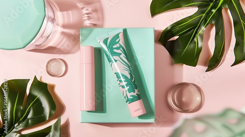 Pastel pink and teal skincare tubes adorned with tropical leaf designs, showcasing soft color hues and intricate patterns, perfect for beauty product displays, cosmetic branding, or skincare marketing