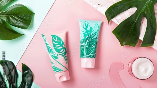 Pastel pink and teal skincare tubes adorned with tropical leaf designs, showcasing soft color hues and intricate patterns, perfect for beauty product displays, cosmetic branding, or skincare marketing