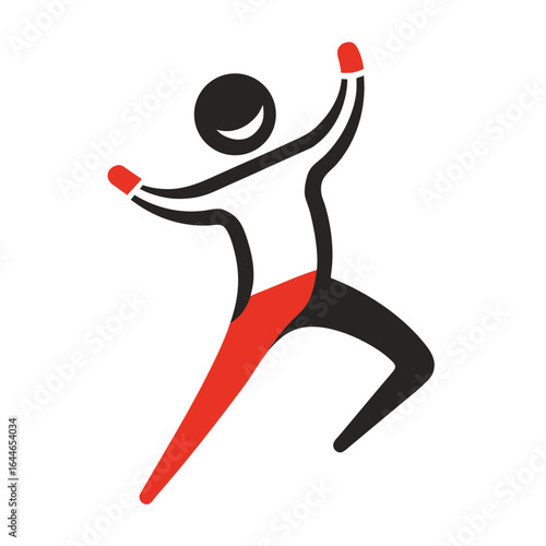 Stylized human figure in motion with red and black accents