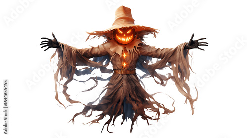 Spooky Halloween scarecrow character with glowing pumpkin head, eerie attire, and outstretched arms for a chilling festive design