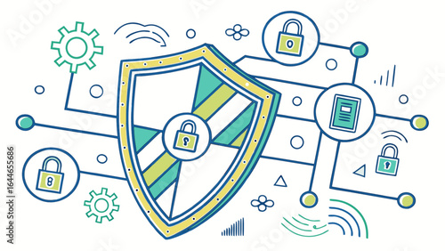 Cyber security network protection shield with padlock and gear icon for online data privacy concept