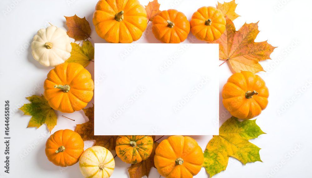 Fototapeta premium Autumn Arrangement Featuring Vibrant Orange And White Pumpkins Surrounded By Colorful Autumn Leaves