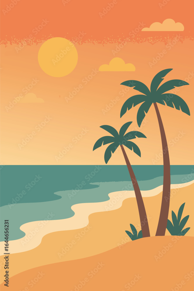 Obraz premium Tropical beach landscape with palm trees at sunset.