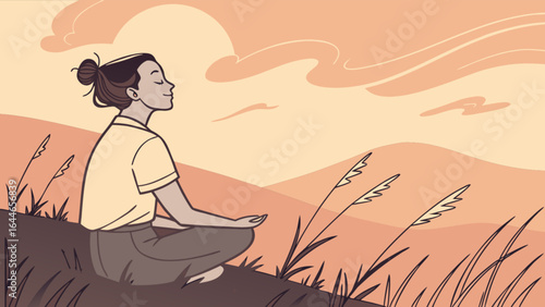 Woman meditation mindfulness relaxation outdoor nature sunset peaceful calm wellness zen focus harmony