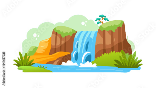 Cartoon waterfall landscape vector illustration with mountains trees and river scenic nature background design