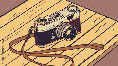 Vintage camera photography equipment retro style antique photo camera on wooden table illustration