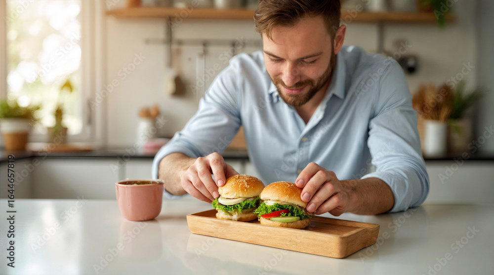 Man arranging two burgers with lettuce and tomato in bright kitchen Man arranging two burgers with lettuce and tomato in bright kitchen