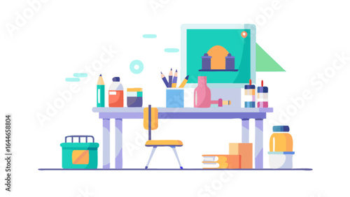 Illustration of art studio with painting supplies on desk for creative projects and hobbies
