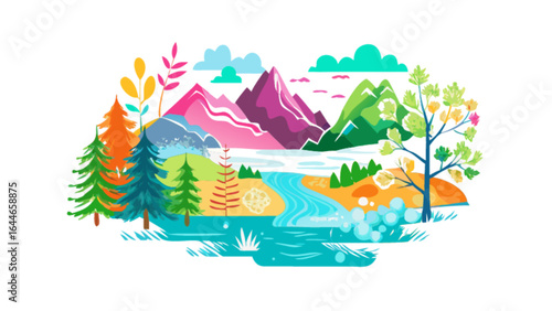 Colorful landscape illustration with mountains river and trees vector background nature scene design scenic art