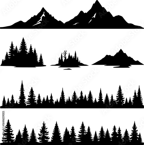Mountain and Forest Silhouette Collection with Pine and Deciduous Trees