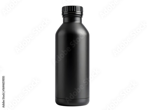 Reusable stainless steel sports water bottle with screw cap, black matte finish, upright position, isolated on white