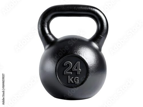Black cast iron kettlebell with visible weight marking, front view, isolated on white background