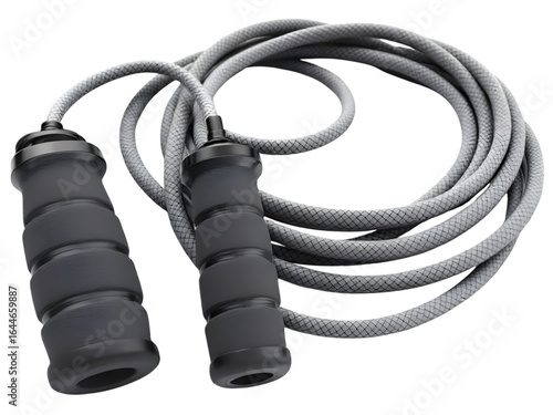 Coiled adjustable skipping rope with foam handles, gray and black design, isolated on white background