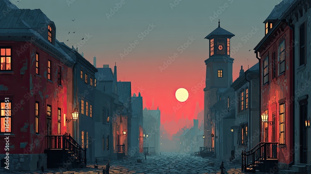 Fototapeta premium Pixelated town street at sunset