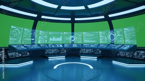 Futuristic spaceship control panel with a green screen background
