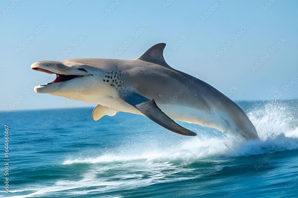 Fototapeta premium Leaping Dolphin Shark Hybrid Jumping in Ocean Waves on Sunny Day.