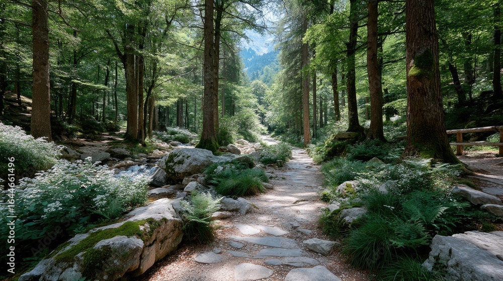 Obraz premium Sun Dappled Forest Trail with Rocks and Lush Greenery