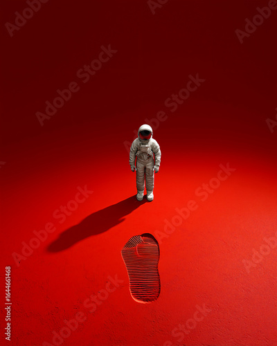 Astronaut standing on red surface next to a single large boot print, casting a long shadow