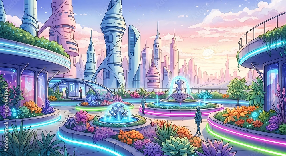 Obraz premium A futuristic city park with glowing fountains and colorful plants under a pastel colored sky view scene