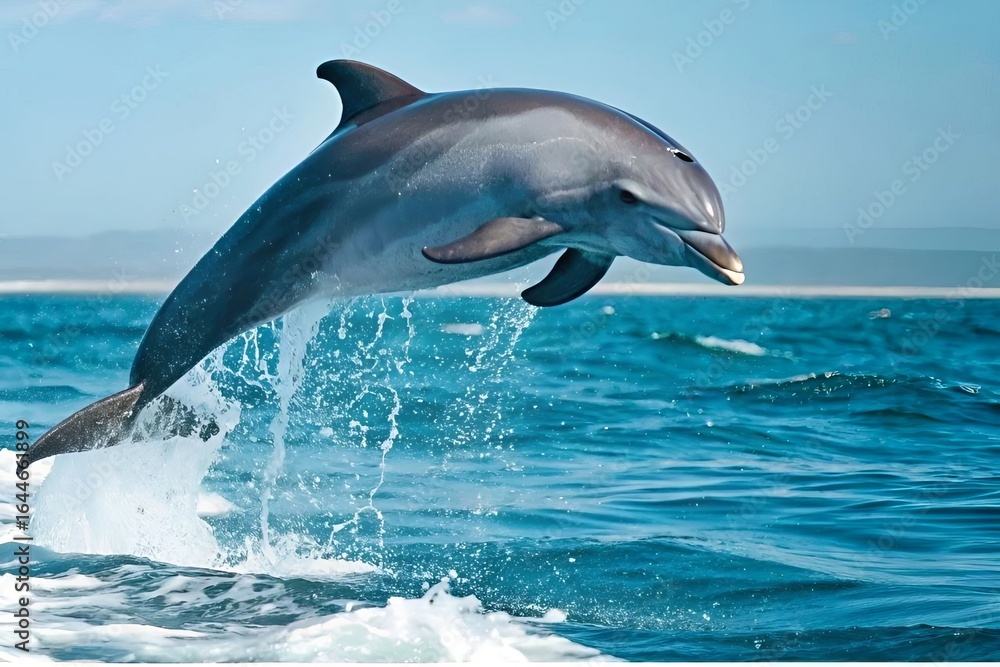Fototapeta premium Jumping Dolphin in Blue Ocean Water with Splash in Sunny Day.