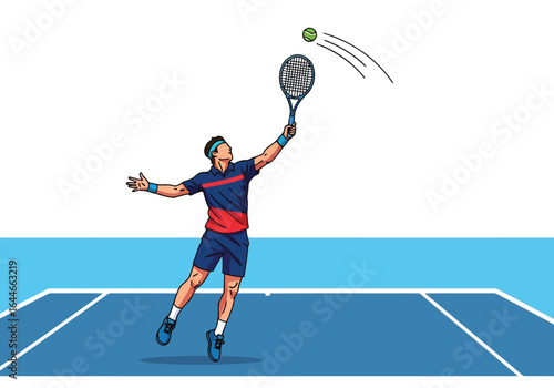 Vector art of male tennis player serving the ball on the court isolated on white background