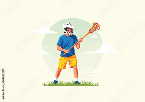 Vector art of lacrosse player in helmet holding stick ready to play the game outdoors