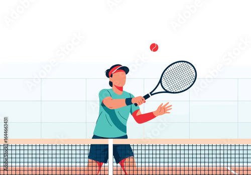 Vector art of female tennis player hitting the ball with racket on the court