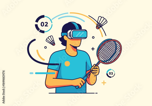 Vector art of man playing virtual reality badminton with headset and racket illustration