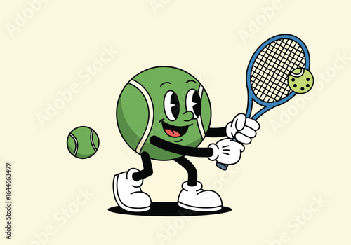 Vector art of cartoon tennis ball character playing tennis with racket on court