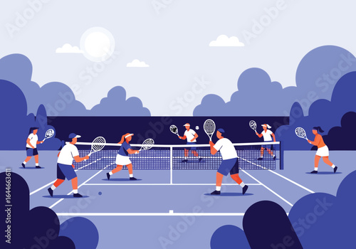 Vector art of group of tennis players playing a match on a court under the sun
