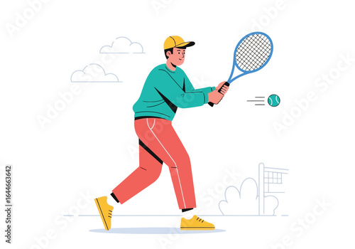 Vector art of man playing tennis with racket and ball isolated on white background