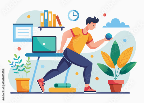 Person exercising at home following online fitness program, flat vector