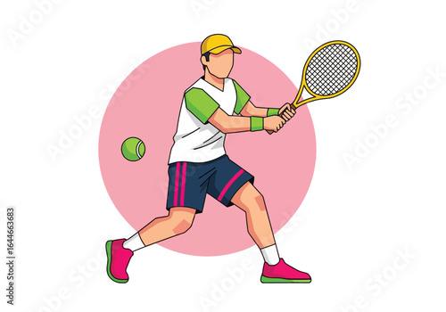Illustration of a tennis player hitting a ball with a racket during a match