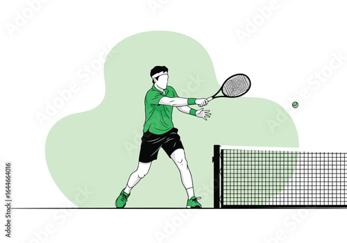 Illustration of a tennis player hitting a ball isolated on white background