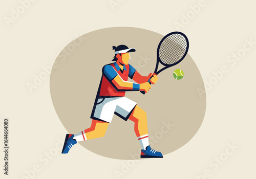 Vector art of tennis player in action hitting the ball with racket in vintage style