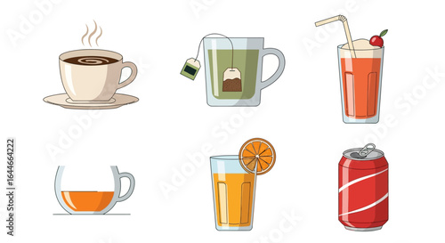 A vibrant collection of refreshing beverages including hot coffee, soothing tea, and sweet juice with a soda can.