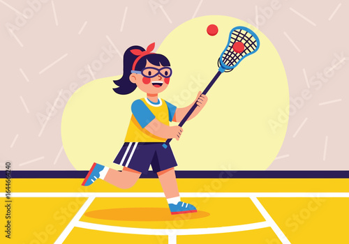 Vector art of a young girl is playing lacrosse on the field with her team and lacrosse stick