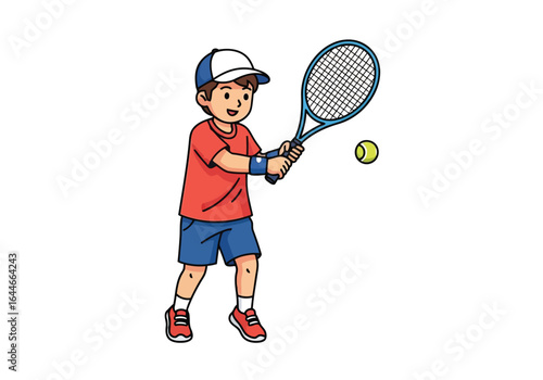 Vector art of cartoon illustration of a boy playing tennis isolated on white background