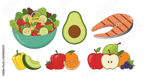 Vibrant and fresh assortment of healthy food ingredients including salad, grilled salmon, fruits, and vegetables, perfect for a balanced and nutritious diet.
