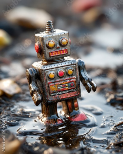 child's toy robot melting into toxic sludge on decay dystopian landfill