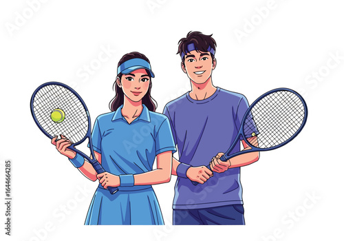 Vector art of cartoon tennis players with rackets isolated on white background