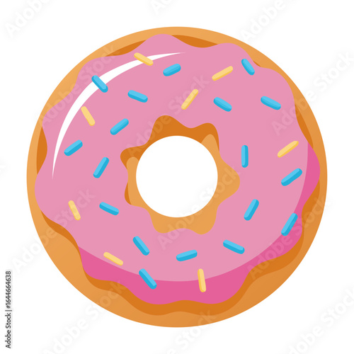 Pink frosted donut with colorful sprinkles isolated on white background