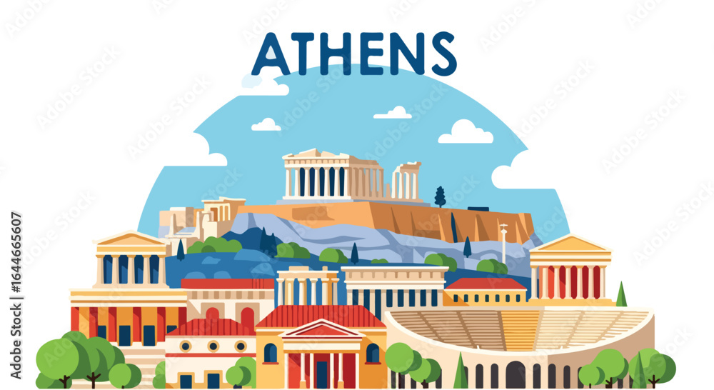 Naklejka premium Flat vector illustration of Athens skyline featuring the Acropolis, Parthenon, and ancient Greek architecture, perfect for travel, tourism, cultural heritage, and historical cityscape design projects