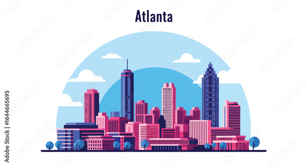 Fototapeta premium Flat vector illustration of Atlanta skyline with iconic skyscrapers and modern architecture, ideal for travel, tourism, urban design, cityscape art, and Georgia metropolitan landscape projects