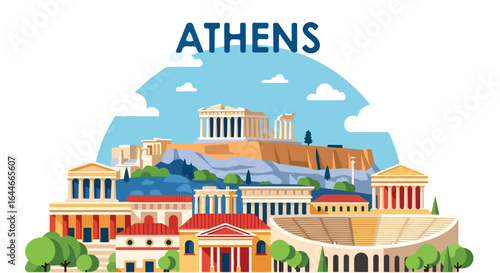 Flat vector illustration of Athens skyline featuring the Acropolis, Parthenon, and ancient Greek architecture, perfect for travel, tourism, cultural heritage, and historical cityscape design projects