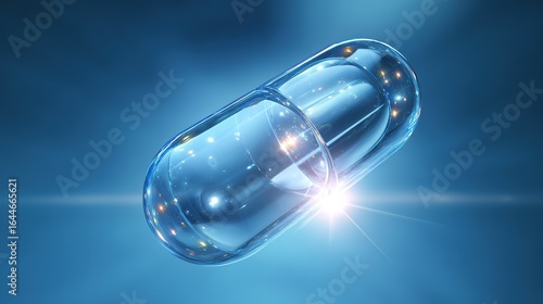 Futuristic translucent capsule floating against a blue medical backdrop with light refraction.