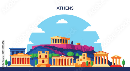 Flat vector illustration of Athens skyline featuring the Acropolis, Parthenon, and ancient Greek architecture, perfect for travel, tourism, cultural heritage, and historical cityscape design projects