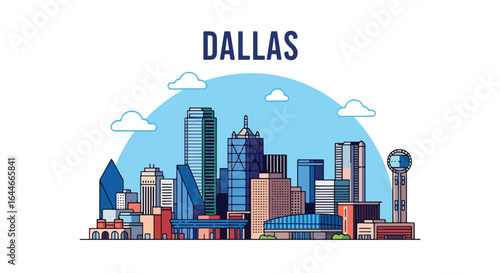 Flat vector illustration of Dallas skyline with colorful modern skyscrapers and landmarks, ideal for travel, tourism, architecture, Texas cityscape design, and urban creative projects