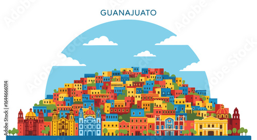 Flat colorful illustration of Guanajuato skyline with vibrant hillside houses and historic architecture, perfect for travel, tourism, and Mexican cultural cityscape design projects