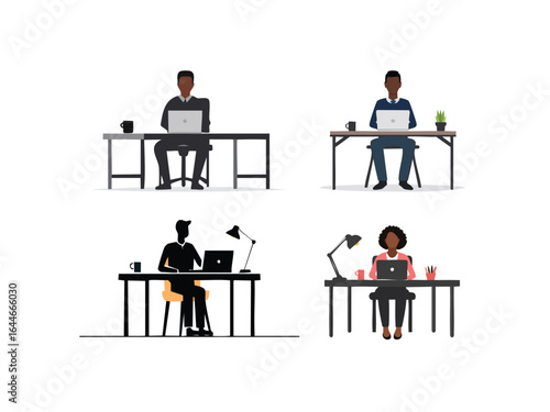 Minimalist vector silhouette of a person sitting at a desk with laptop open
